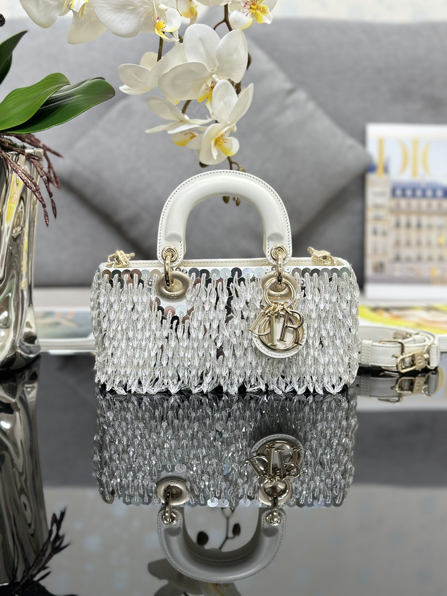 Small Lady D-Joy Bag Beige Satin Embroidered with Silver Beads Tassel